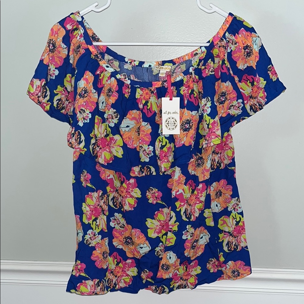 Blue Floral Ruffled Off Shoulder Blouse